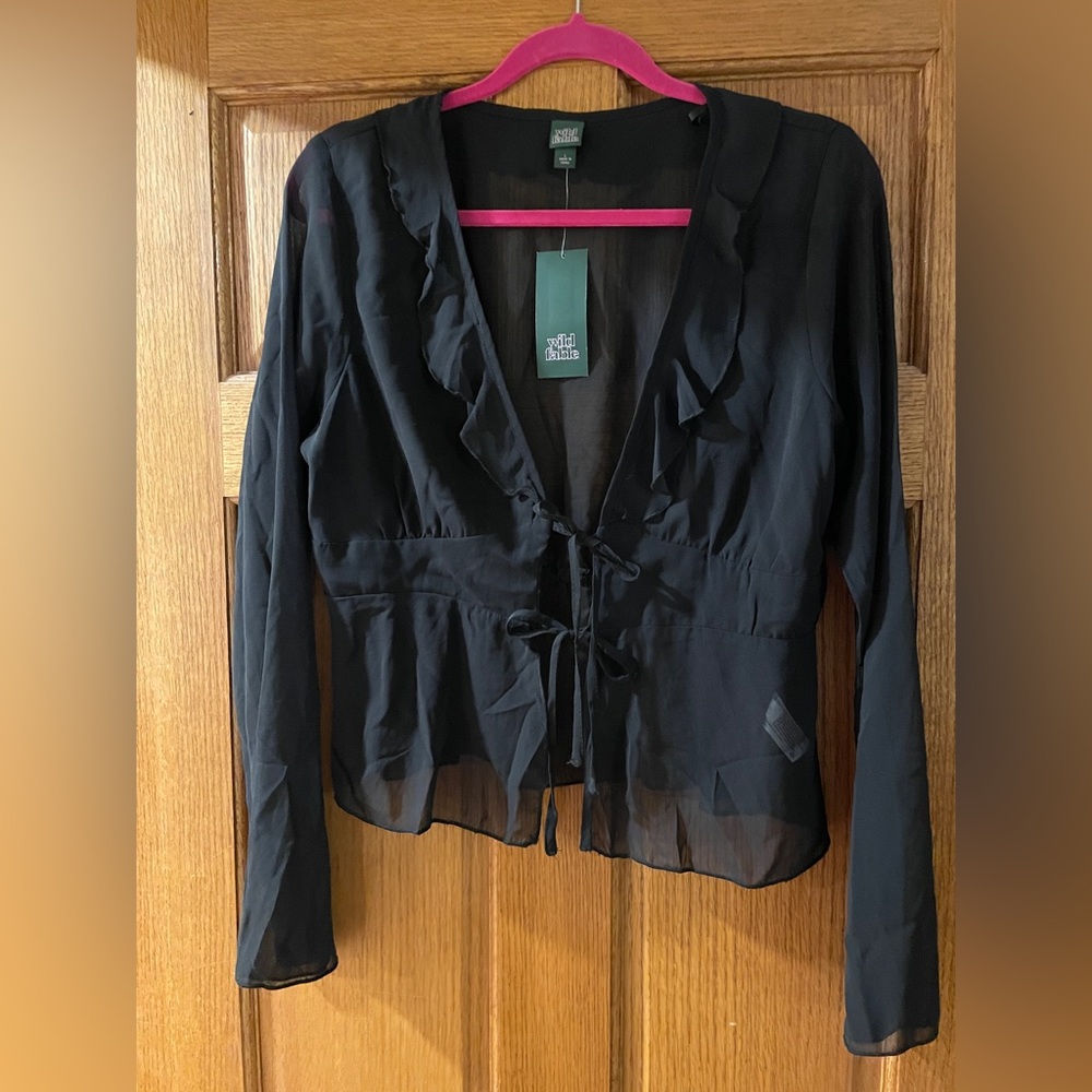 Wild Fable Black Bell Long Sleeve Tie Front Sheer Top